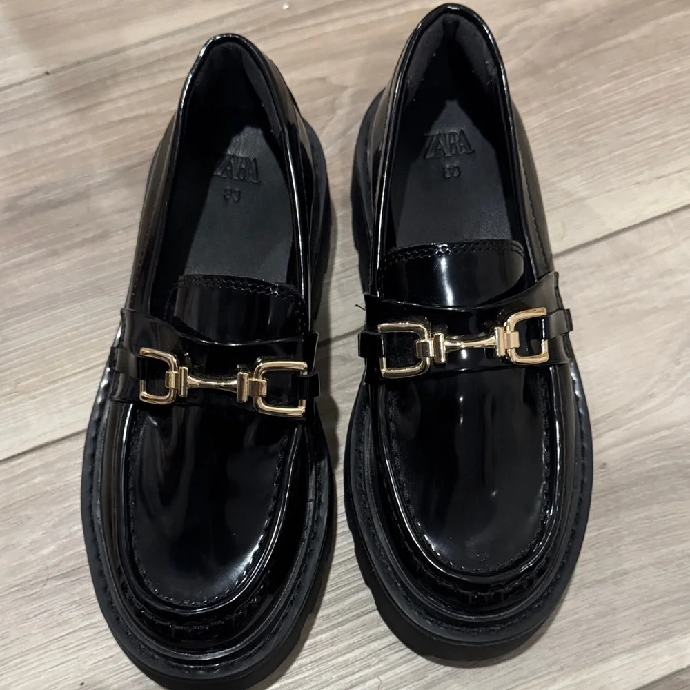 Girls Zara Glossy Black Loafers with Gold Accent